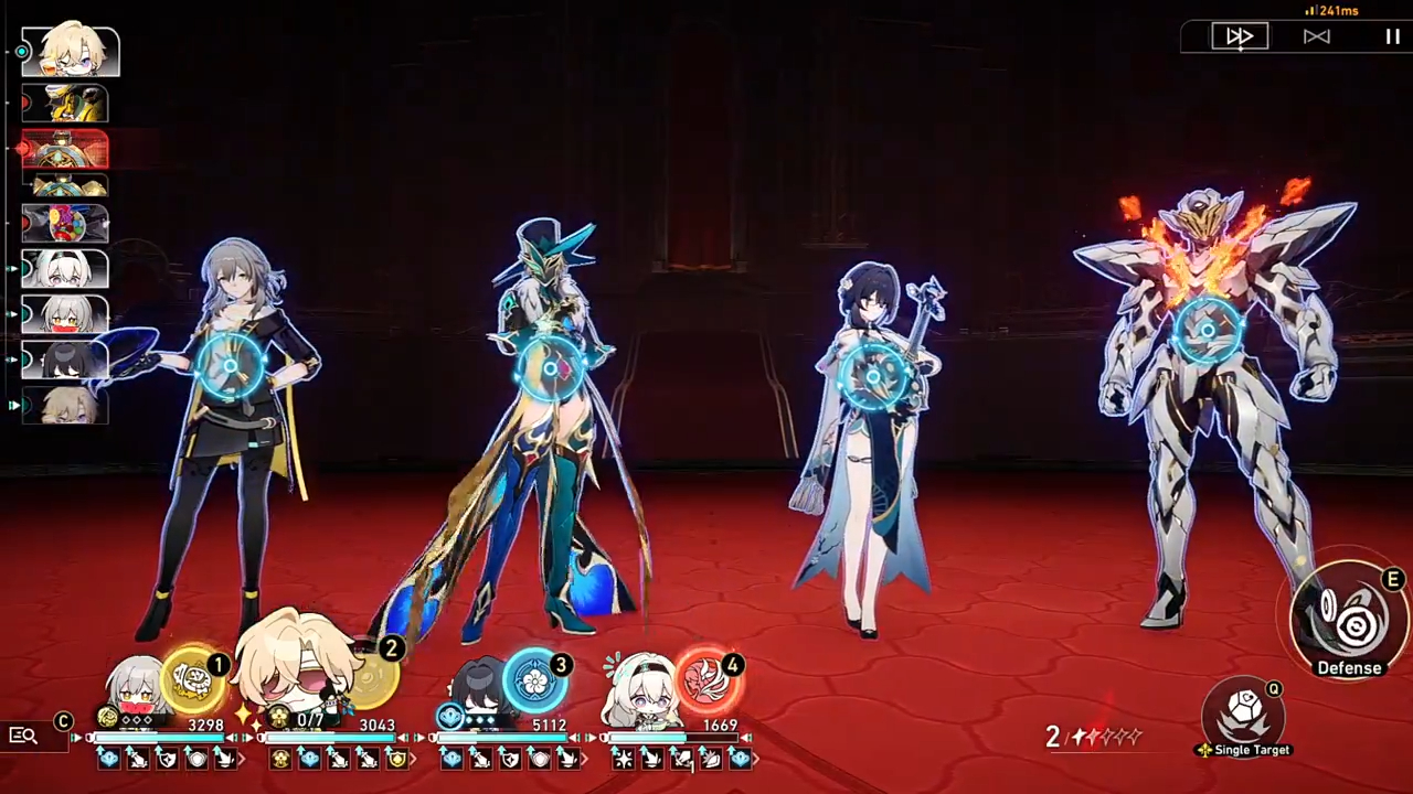 this image is a screenshot from the mobile game honkai impact 3rd. it shows a team of four characters in a battle against a giant boss character. the characters are in the middle of the screen, while the boss is on the right. the boss is a powerful mechanical being that is emitting fire and glowing with energy. there are also many small characters on the screen that indicate the players' characters, the boss's health, and other game elements. the image is an example of the game's actionpacked combat and beautiful animeinspired art style.