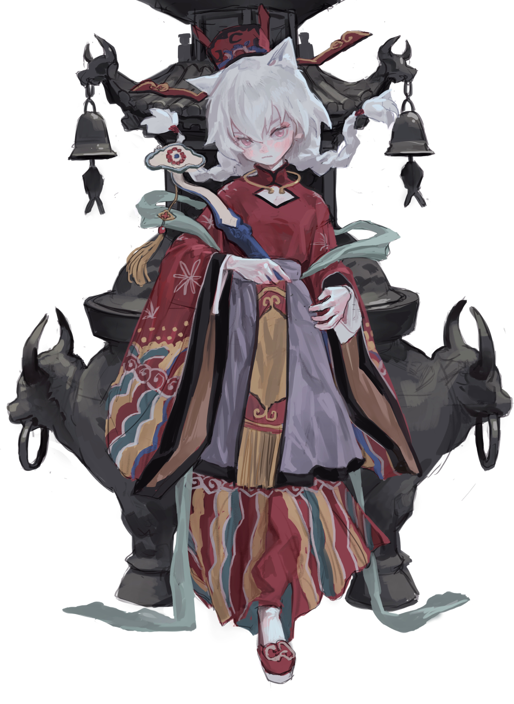 a digital illustration shows a young animestyle girl with pale skin and short, curly white hair wearing traditional asian clothing. she has two white cat ears and holds a slender staff with a cloudlike ornament at the top. behind her is a large, dark statue of two oxen supporting a structure with hanging bells and ornamental horns. the girl's expression is slightly stern, and her attire includes red, gray, and gold fabrics with intricate patterns.