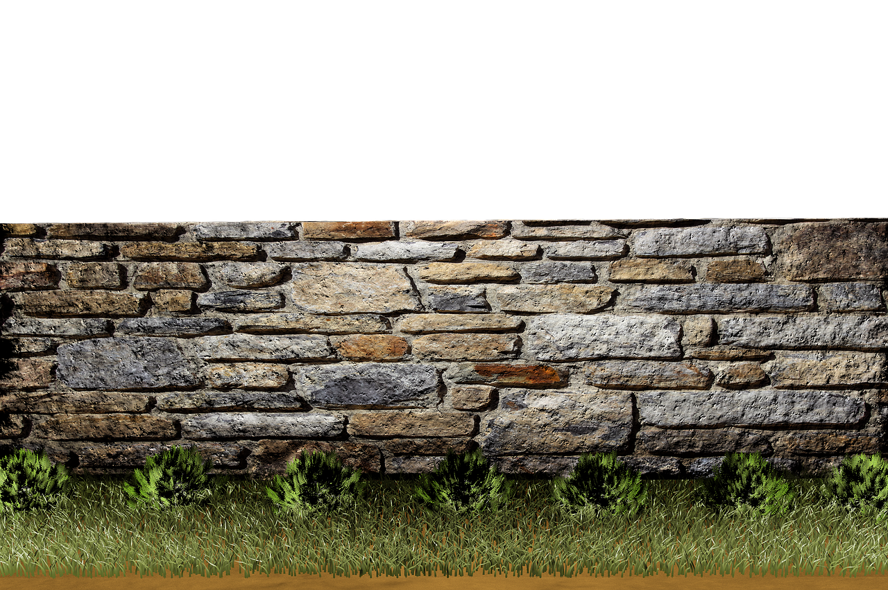 the image shows a stone wall with grass and bushes in front of it. the wall is made of various sized stones in shades of gray, brown, and tan. the grass is green and appears to be slightly overgrown. several small, dark green bushes are growing in front of the wall. the background above the wall is black. the ground is a sandy color.
