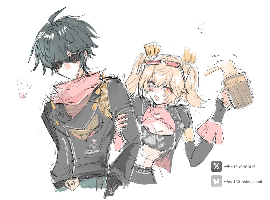 the image is a digital sketch or fanart, likely of characters from a video game (possibly genshin impact, judging from the art style). it depicts a playful scene with a blonde girl with pigtails holding a mug of beer and leaning on a boy with dark hair and sunglasses.  both are wearing casual, somewhat punkinspired outfits, including leather jackets. the style is loose and sketchy, characteristic of quick digital drawings or concept art. the overall mood is lighthearted and affectionate.  there are also small watermarks/artist tags in the bottom right corner.