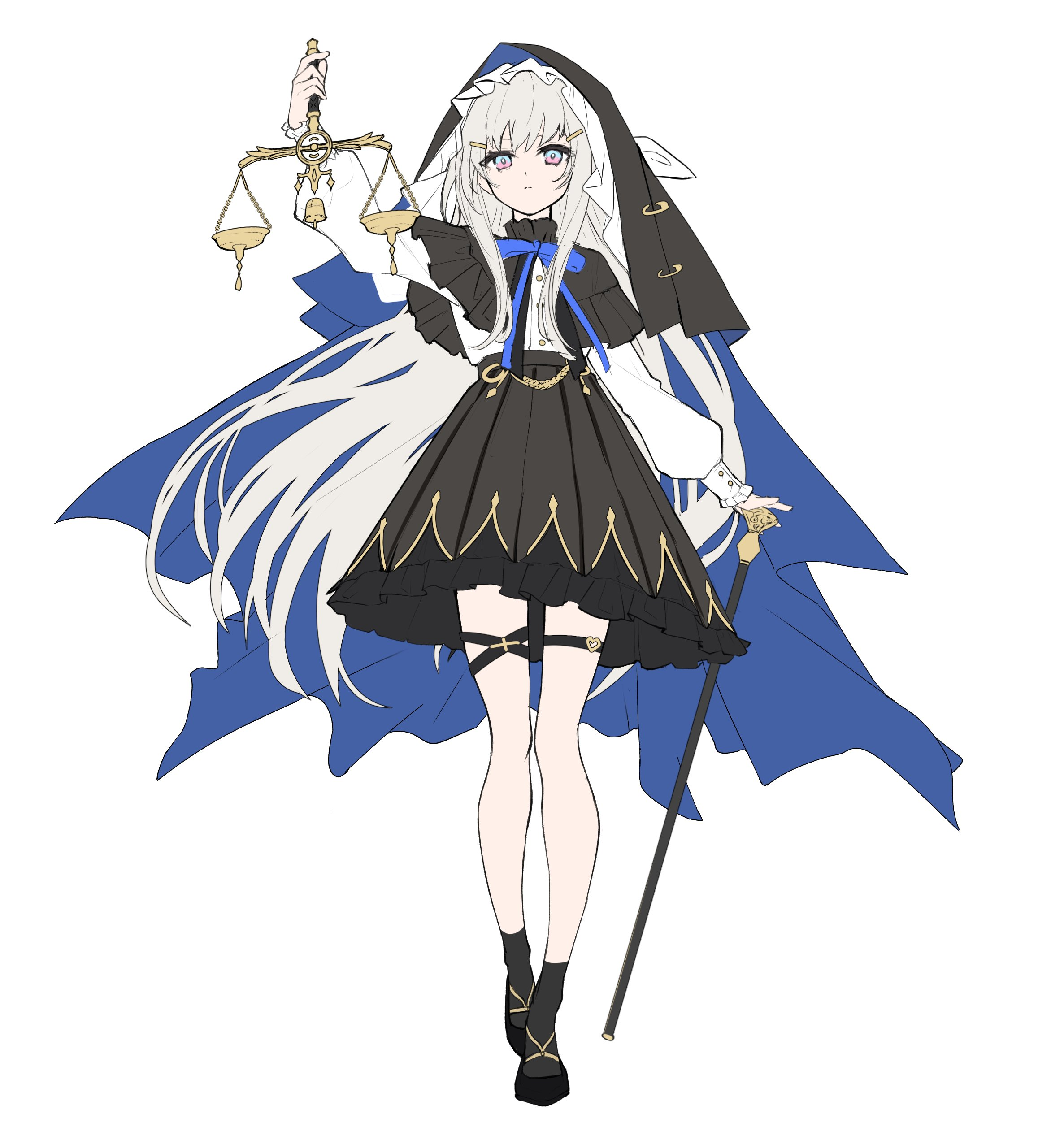 this anime illustration showcases a young girl with long, flowing white hair, dressed in a black and gold accented dress. her attire includes a blue cape draped over her head, resembling a hood, and thighhigh socks. she holds a cane in one hand and raises a golden scale of justice in the other, symbolizing fairness and balance. the girl's serene expression and delicate features exude an aura of innocence and determination.