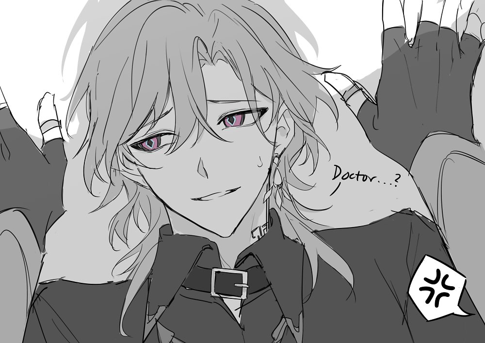 a drawing of a male anime character with long pink hair and pink eyes in black clothing with a collar. he has an annoyed expression and the words "doctor...?" written beside him. there is a speech bubble with a squiggly line in it, suggesting the character is about to say something in anger.