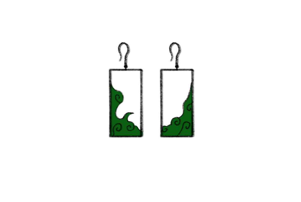 the image shows a pair of rectangular earrings with a hook at the top. the lower portion of each earring is filled with green color and swirling patterns. the rest of the rectangle is empty.