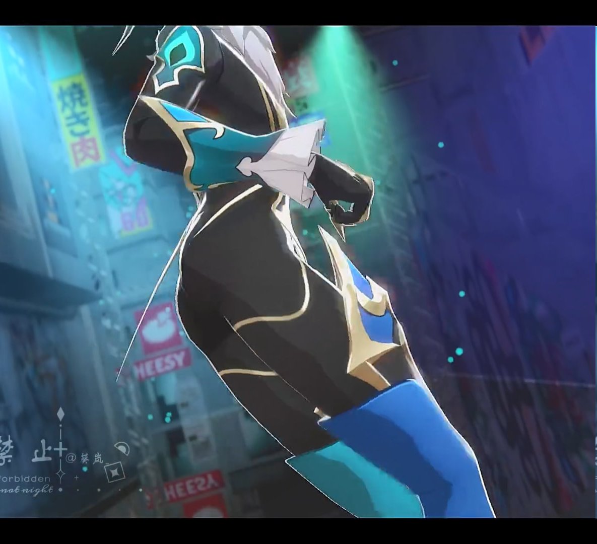 a male anime character from the popular game genshin impact is standing in an alleyway in a futuristic city. he has long, white hair, and is wearing a black and blue outfit with gold accents. he's looking to the right with his left arm up, as if he's about to throw a punch.  the alleyway is lit up with neon signs and the background is a blurry cityscape. the character appears to be in the middle of a fight.