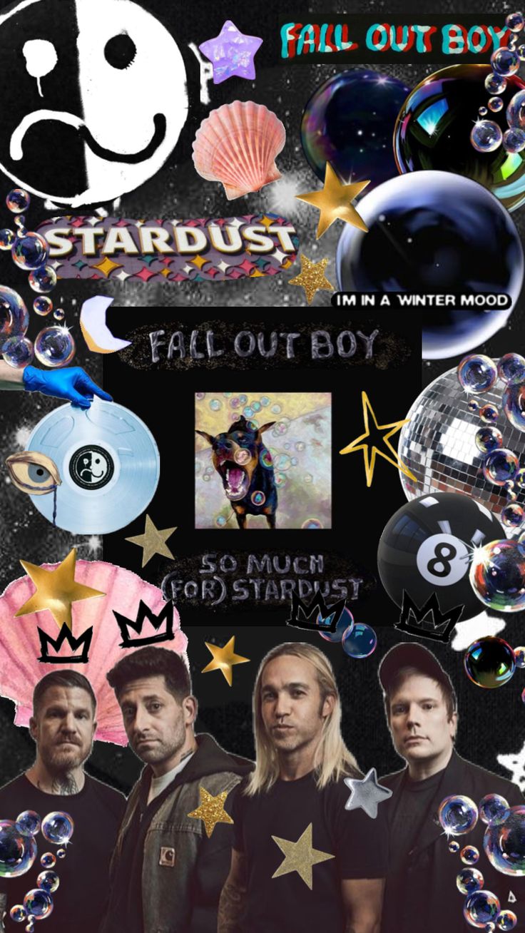 a collage artwork for the fall out boy band's album "so much for stardust". the collage features a black and white face, stars, seashells, and other elements. the band members are also featured in the collage.
