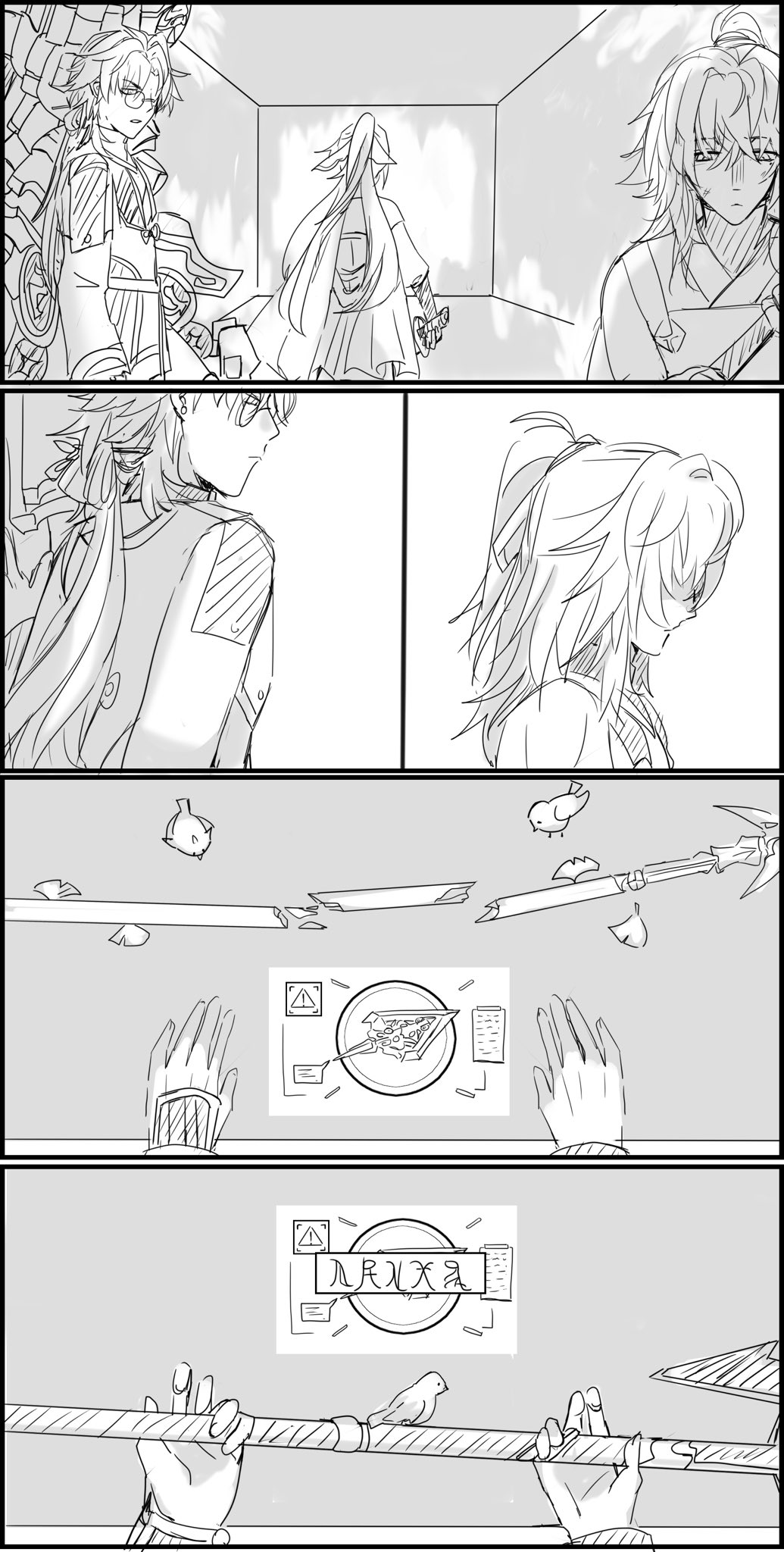 the image shows a manga comic strip with four panels. the first panel shows three female characters, with one standing in the middle, her back facing the viewer. the two others are on the left and right sides of the panel, looking at the one in the middle. the second panel shows two characters with only the ones on the left visible. the third and fourth panel shows a sword or spear breaking apart, with two hands reaching from the bottom. the background is mostly plain and white.