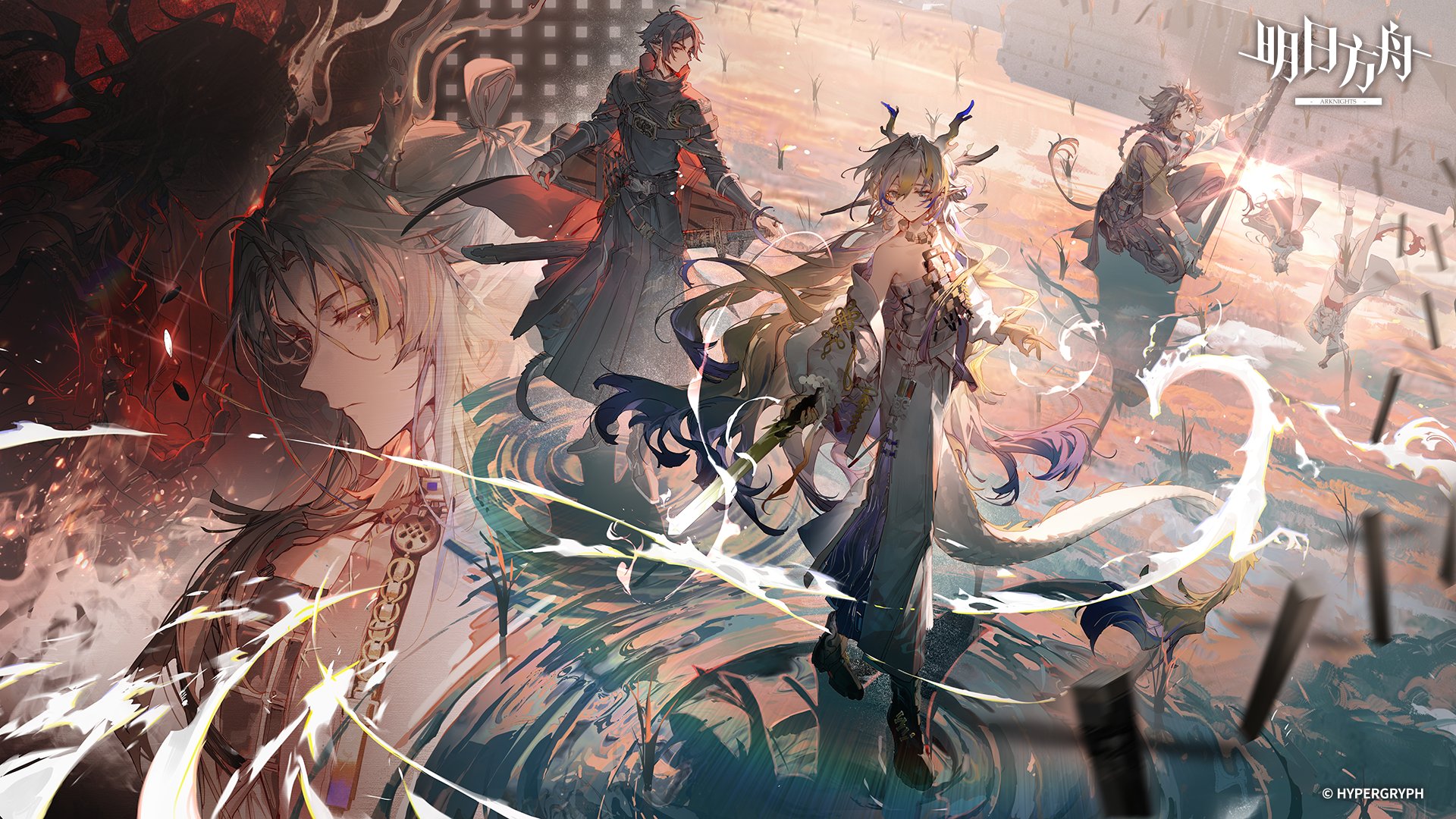 the image is an artwork from the video game arknights. it depicts several characters in an anime style, some wielding swords and spears, with dragonlike features present in some of the characters. the overall setting appears to be fantasybased with a mixture of red and white color schemes. the artwork suggests an action or combat scene.