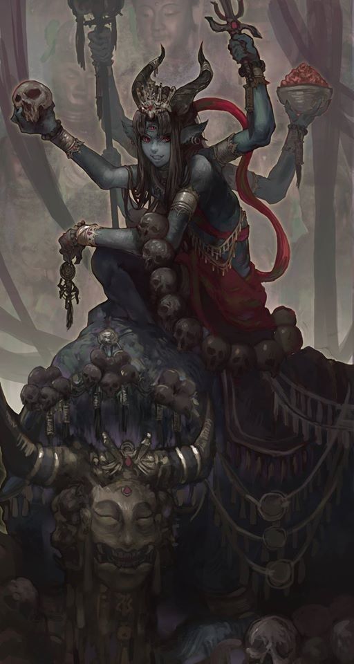 a blue skinned demon with long red hair and horns sits on a throne of skulls with a skull in one hand, her other hand holding a staff with a skull at the top, and she is wearing a red and blue dress and a red belt and a crown. the demon is surrounded by skulls and is set against a dark background.  the demon is powerful and sinister looking, and her overall appearance suggests a theme of death and evil.