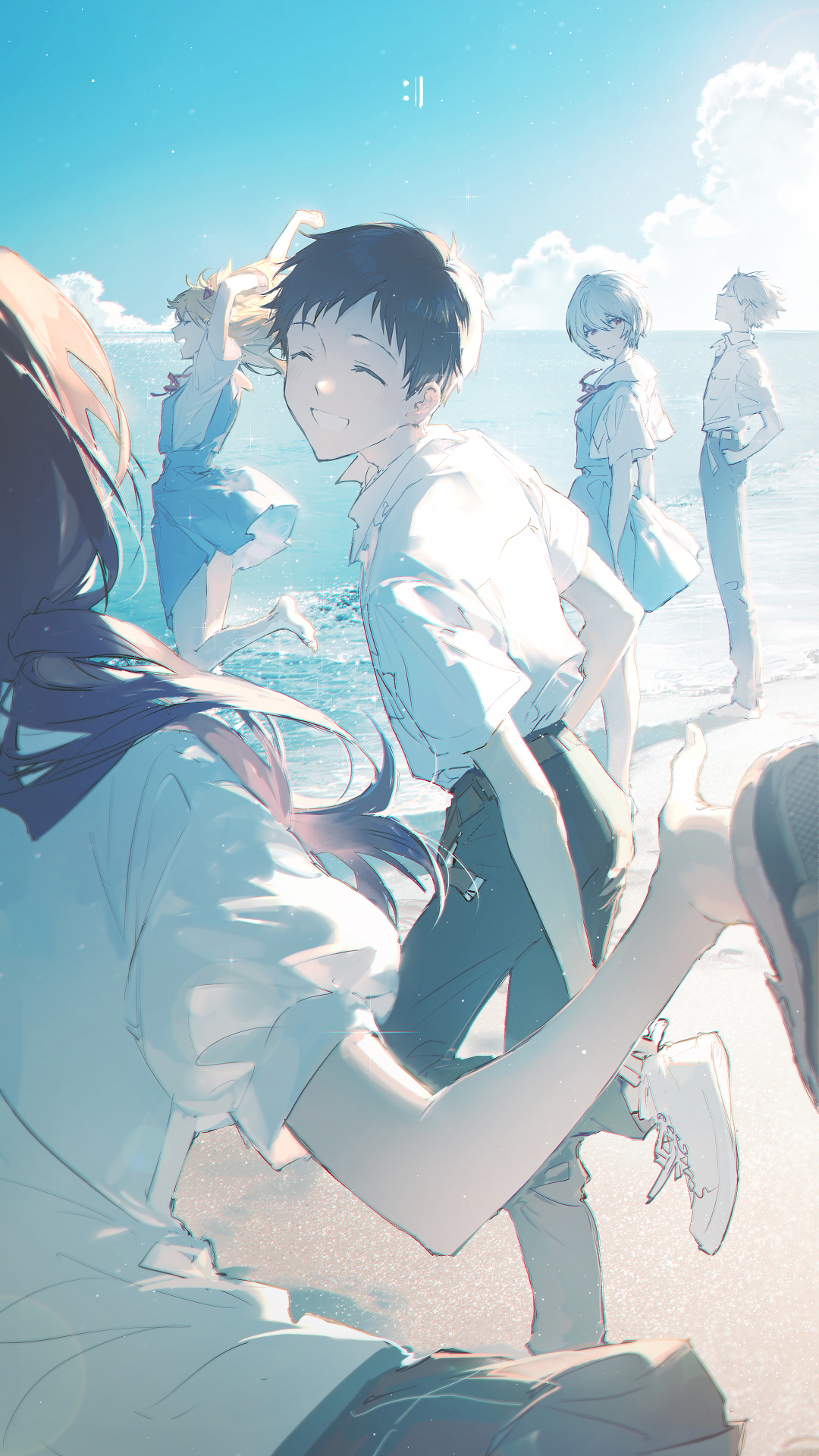 an animestyle image featuring a group of characters, likely from the anime series "evangelion," on a beach. in the foreground, a girl with long hair is running, with a boy smiling and walking next to her. in the background, other characters stand near the water's edge. the setting is bright, with a clear sky and calm sea. they are wearing school uniforms, and the atmosphere appears cheerful.