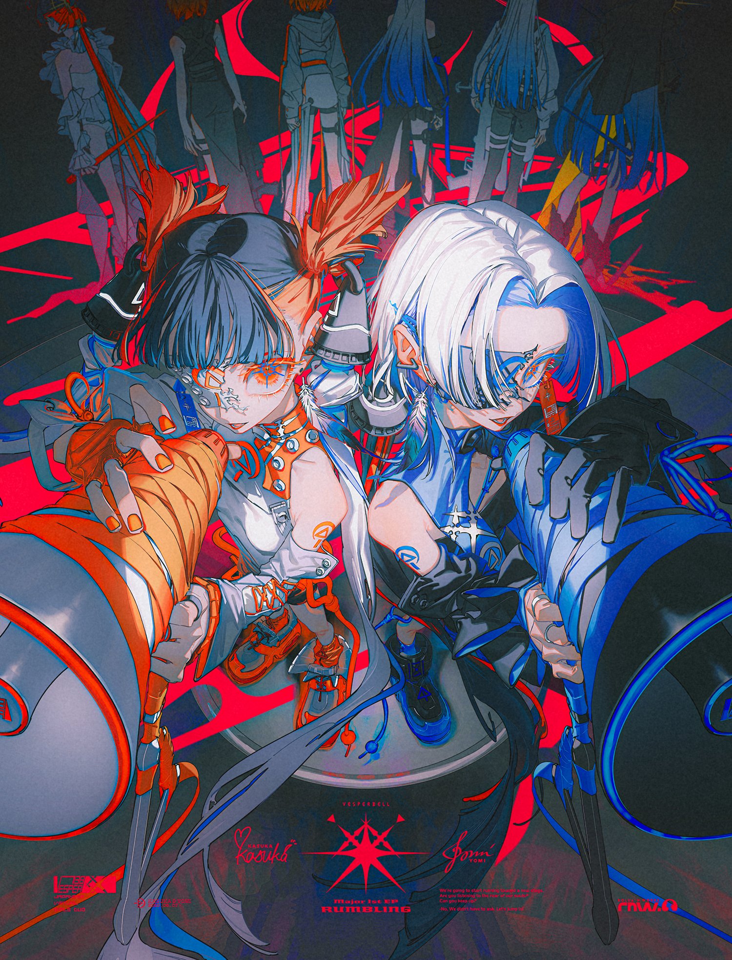 the image is a vibrant and dynamic digital illustration in an anime style.  two central female characters, one with blue and orange hair, the other with white hair, are depicted in closeup, poised in actionready stances.  they are dressed in futuristic and stylized clothing with technological elements. they wield large, stylized weapons that resemble modified speakers or energy projectors. the background features more figures in similar attire, positioned in a way that suggests a dynamic and possibly chaotic environment. the background is a mix of graffitilike elements, abstract shapes, and a strong red and black palette.  the overall style is cyberpunkinspired, combining futuristic aesthetics with a strong sense of movement and action.  the image bears the markings of a possible game promotional image or concept art.  the bottom of the image includes stylized text and a logo.