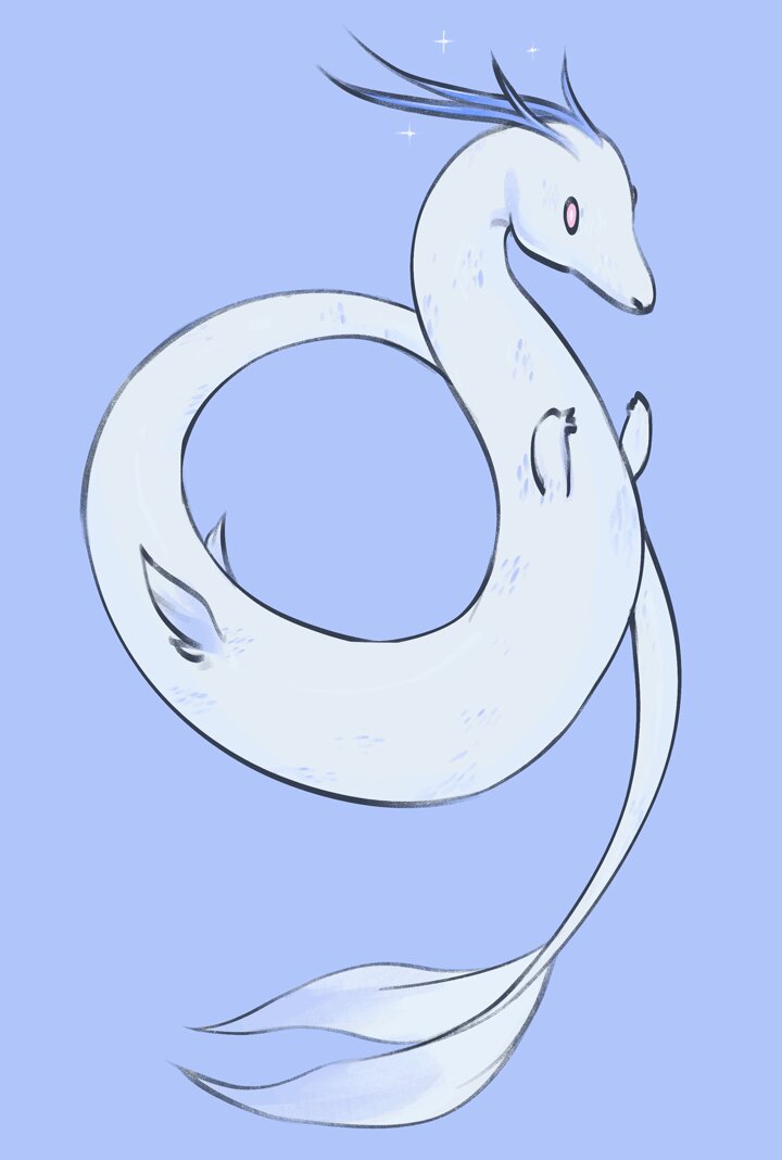 a cute white dragon with blue accents curls up into a circle, with its tail draped behind it. the dragon has a pink nose and small eyes.  it's surrounded by a soft blue background, possibly a sky.