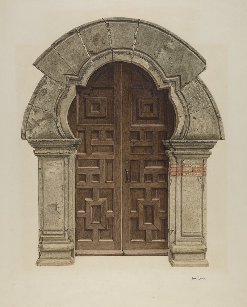 a drawing of an ornately designed wooden doorway with stone archway and supporting stone columns. the door is a double door with a rectangular pattern design. the stone archway shows signs of wear with cracks and variations in color. one column shows a patch of brick near the top. the style of the drawing is traditional.