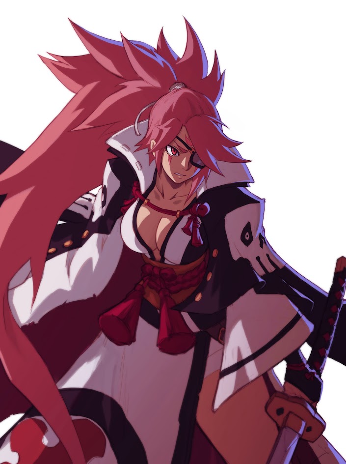 a fierce looking anime girl with long red hair in a ponytail, wearing a black and white samurai outfit with a red sash, and an eye patch. she is holding a sword and looking directly at the viewer.