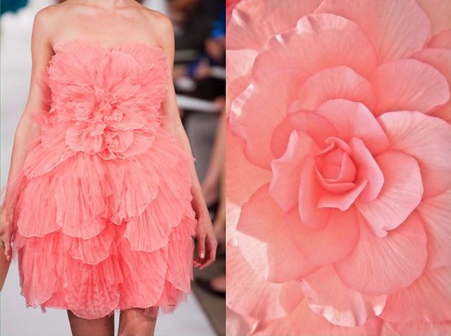 a beautiful young woman in a pink ruffled dress stands in front of a closeup shot of a pink flower. the woman's dress is made of delicate fabric and has a large flower at the top. the flower is also pink and has a similar texture to the woman's dress. the overall look is feminine and elegant, with a soft and delicate feel.  the image conveys a sense of spring and summer.