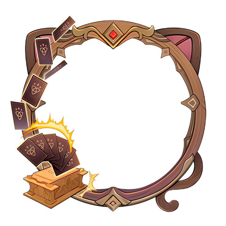 this is a circular profile picture frame from the game genshin impact. the frame is decorated with cat ears, a treasure chest spilling playing cards, and a red gem at the top. the frame is primarily brown and gold.