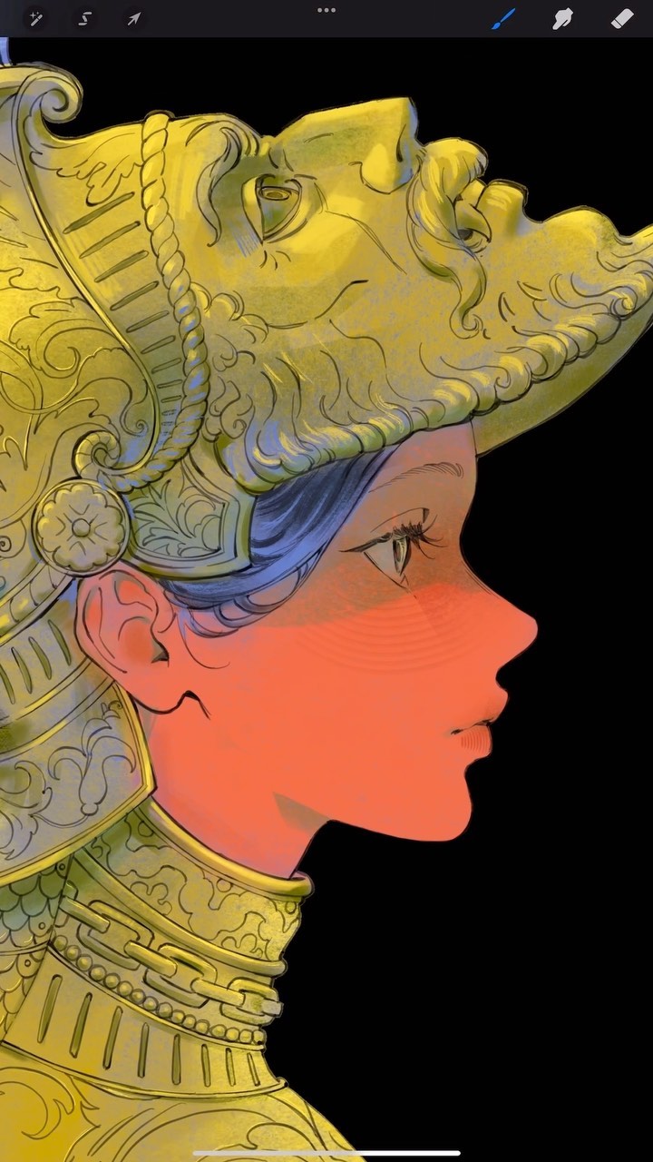 the image is a digital painting or illustration of a woman's profile. she is wearing a large, ornate golden helmet or headpiece that covers much of her head and shoulders.  the helmet is intricately detailed with swirling patterns and textures.  the woman's face is partially visible, showing a soft, almost dreamlike quality. her skin has a warm, reddishorange hue, contrasting with the golden yellow of her helmet.  the style of the art is reminiscent of fantasy or historical illustration, possibly medievalinspired. the background is solid black, drawing attention solely to the subject. the artwork exhibits a skilled blending of color and a high level of detail in both the woman's features and the helmet's design. the overall impression is one of elegant artistry and fantasy.