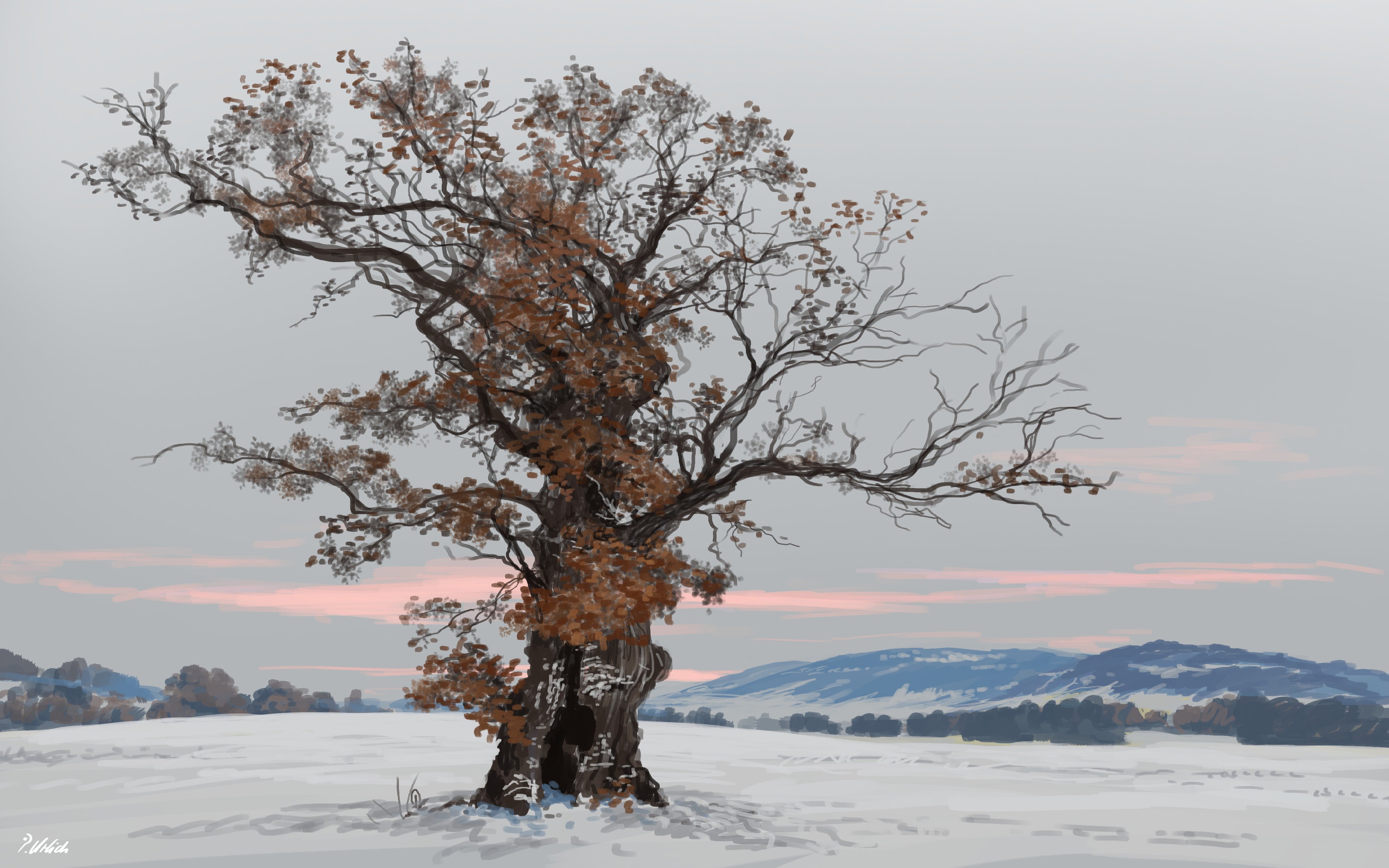 a digital painting of a lone, large oak tree in a snowy field. the tree is bare except for some brown leaves clinging to its branches. the sky is a soft, pale pink and gray, indicating either sunrise or sunset. rolling hills are visible in the background, covered in a light layer of snow. the overall mood is serene and peaceful.
