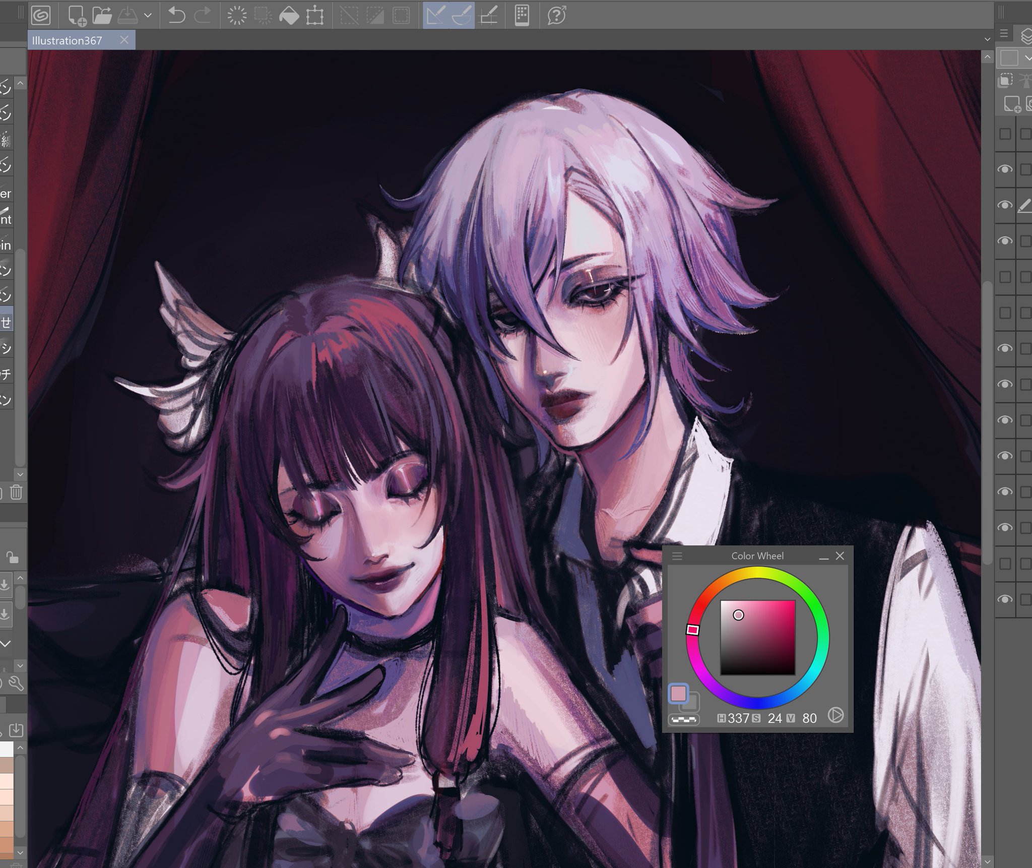 this is a digital illustration of a romantic anime couple. the woman has long pink hair, is wearing a black dress and black gloves, and has her head resting on the man's shoulder. the man has long purple hair and is wearing a white shirt and a black tie. the background is dark and the couple is lit by a soft light. the image conveys a sense of affection and romance.