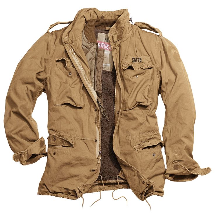 a brown men's jacket made of cotton with long sleeves, zipper closure, and multiple pockets. it is lined with fleece. the jacket is a casual style and appears to be military inspired.