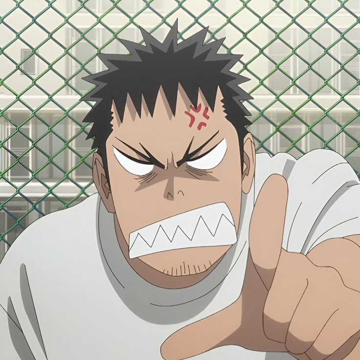 an animestyle illustration of a visibly angry man. he's pointing forward with a fierce expression. the presence of a fence behind him suggests an outdoor setting.