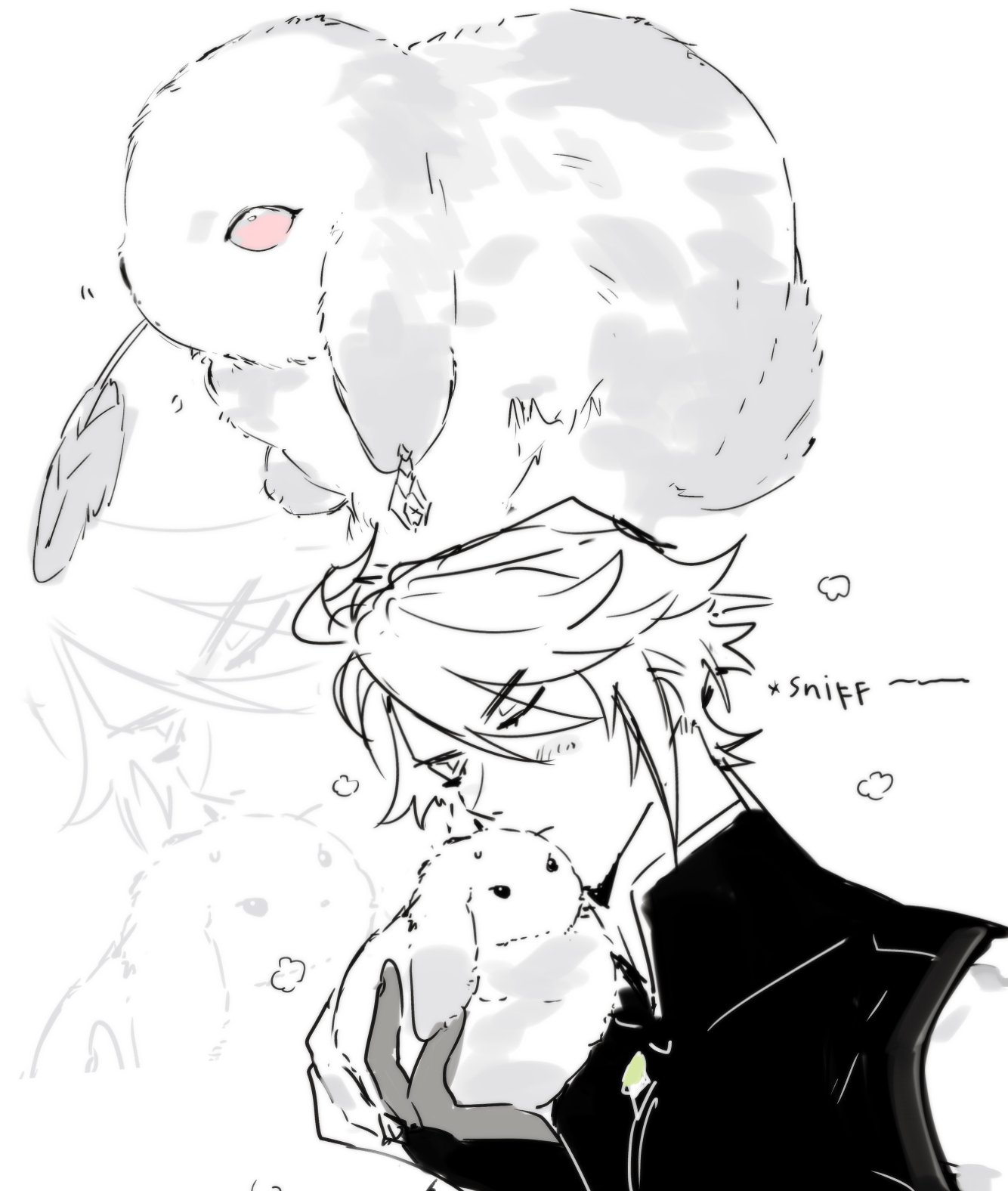 this is a drawing of a man in a dark suit holding a small, white bunny. the bunny is soft and fluffy, and the man is looking at it lovingly. there are three other bunnies in the background, one of which is larger and is white with gray spots. the drawing is done in a manga style.
