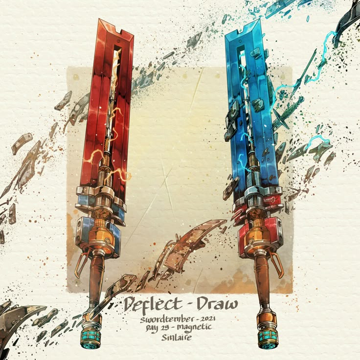 the image is an illustration of two stylized swords. one sword has a red blade with orange electricity arcing around the inner cavity. the other sword has a blue blade with matching blue electricity arcing around the inner cavity. around the swords, there are shattered pieces suggesting a destructive impact or a powerful magnetic force at play. the swords have intricate handles with a mechanicalfantasy design, featuring copper, silver, and teal elements. the background is a beige textured surface reminiscent of parchment. the title is “deflectdraw", followed by "swordtember2021 day 29 magnetic" and the artist's name “sinlaire”.