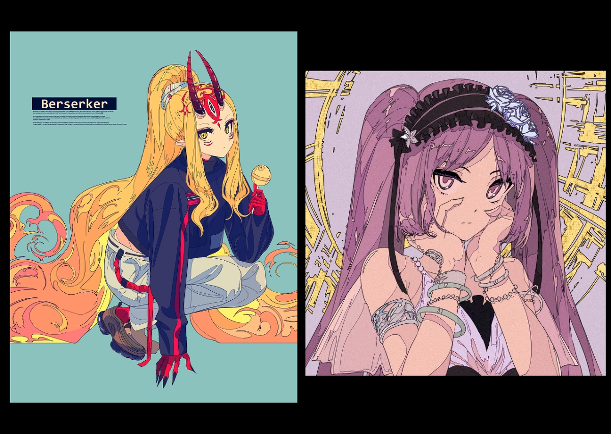 he image contains two separate pieces of animestyle artwork. on the left is a character described as "berserker," with long blonde hair, red devil horns, and a streetwearinspired outfit. she is crouching and holding a lollipop. the background is teal with orangeyellow flamelike designs.  on the right, there is a female character with long purple hair and a black headband adorned with flowers. she is wearing several bracelets and a delicate necklace. the background here is lavender with a gold geometric pattern. both images display vivid coloring and bold linework.