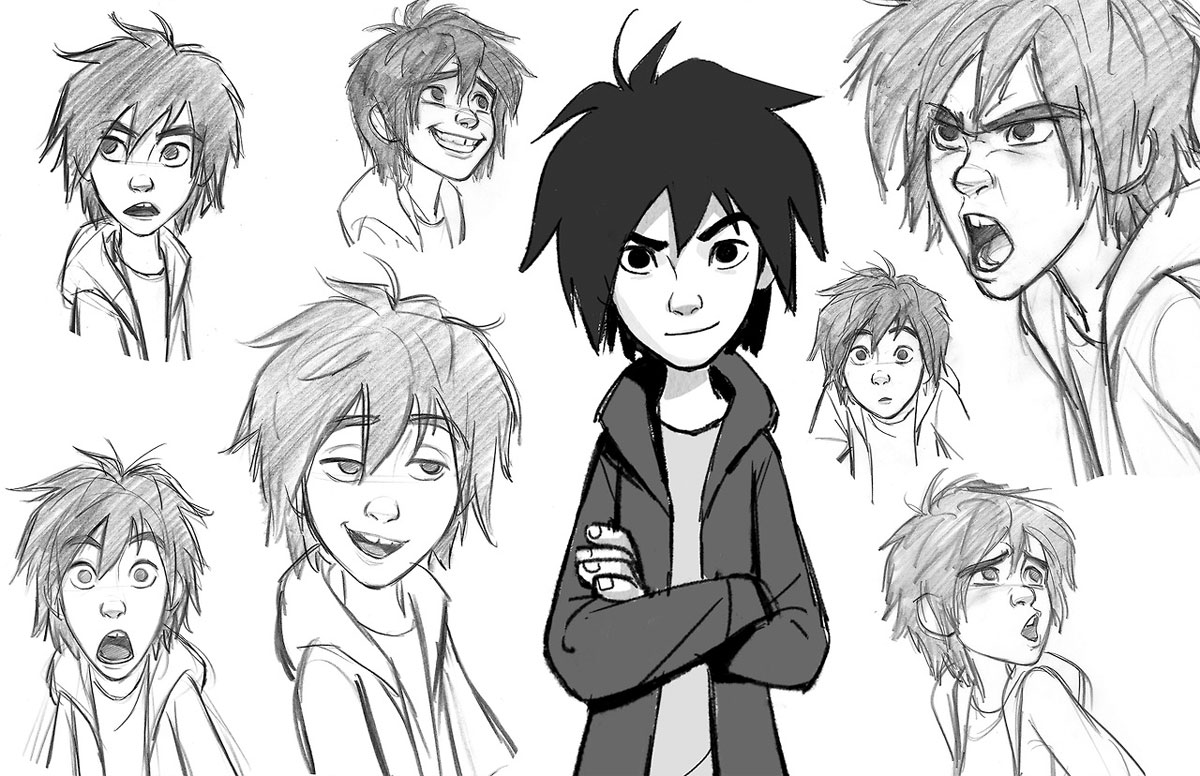 this is a black and white sketch page featuring multiple drawings of the character hiro hamada from disney's big hero 6. he is shown in a variety of expressions. there are nine drawings in total, all bustup or headshots, showcasing different emotional states like surprised, happy, angry, and determined.  the central drawing is the largest and depicts a confident hiro with his arms crossed.