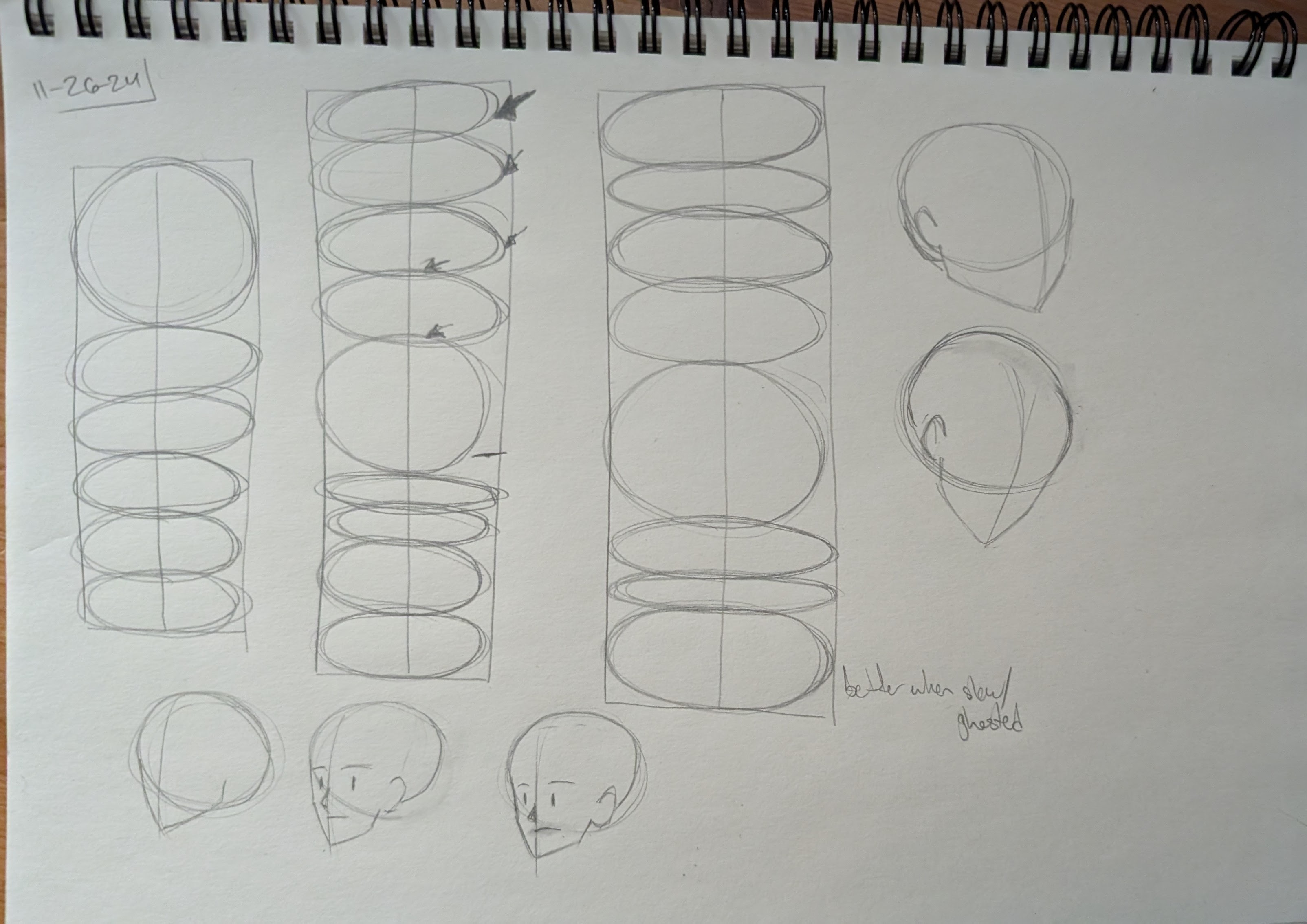 the image shows a page from a sketchbook filled with pencil sketches.  the left side features two sets of vertically stacked overlapping circles and ovals, seemingly used as a practice guide for constructing the shape of a head or torso.  arrows are lightly drawn on the rightmost column suggesting a layering or buildingup process. the right side displays several quick sketches of heads in profile and threequarter view, seemingly built upon the basic shapes established on the left.  the artist has written a note, “better when slow/ ghosted,” suggesting that a slower drawing approach, with lightly drawn or "ghosted" lines, yields better results. the overall impression is one of a practice session for improving figure drawing skills. the date "112621" is written at the top left corner.