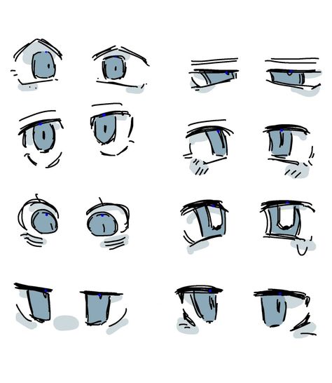 the image shows a collection of eighteen different animestyle eye drawings, each depicting a different eye shape and expression. they are drawn in black and white, with a light blue highlight in each iris. the drawings appear to be on a white background, likely part of a tutorial or reference sheet for aspiring artists.
