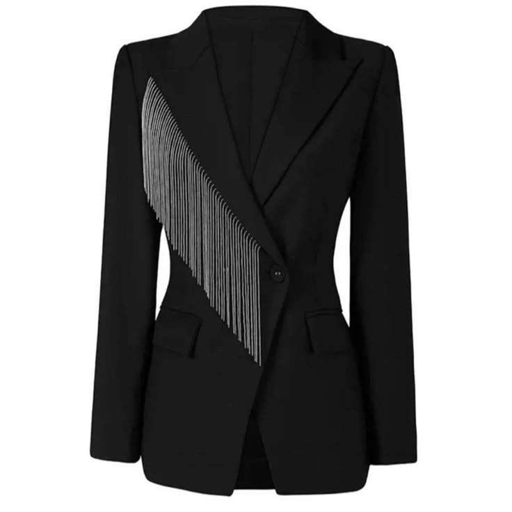 a stylish black women's blazer with silver fringe detailing along the front left side. the blazer has a tailored fit with a single button closure and long sleeves. it also features front pockets. the asymmetrical design created by the fringe gives the blazer a modern and edgy look.