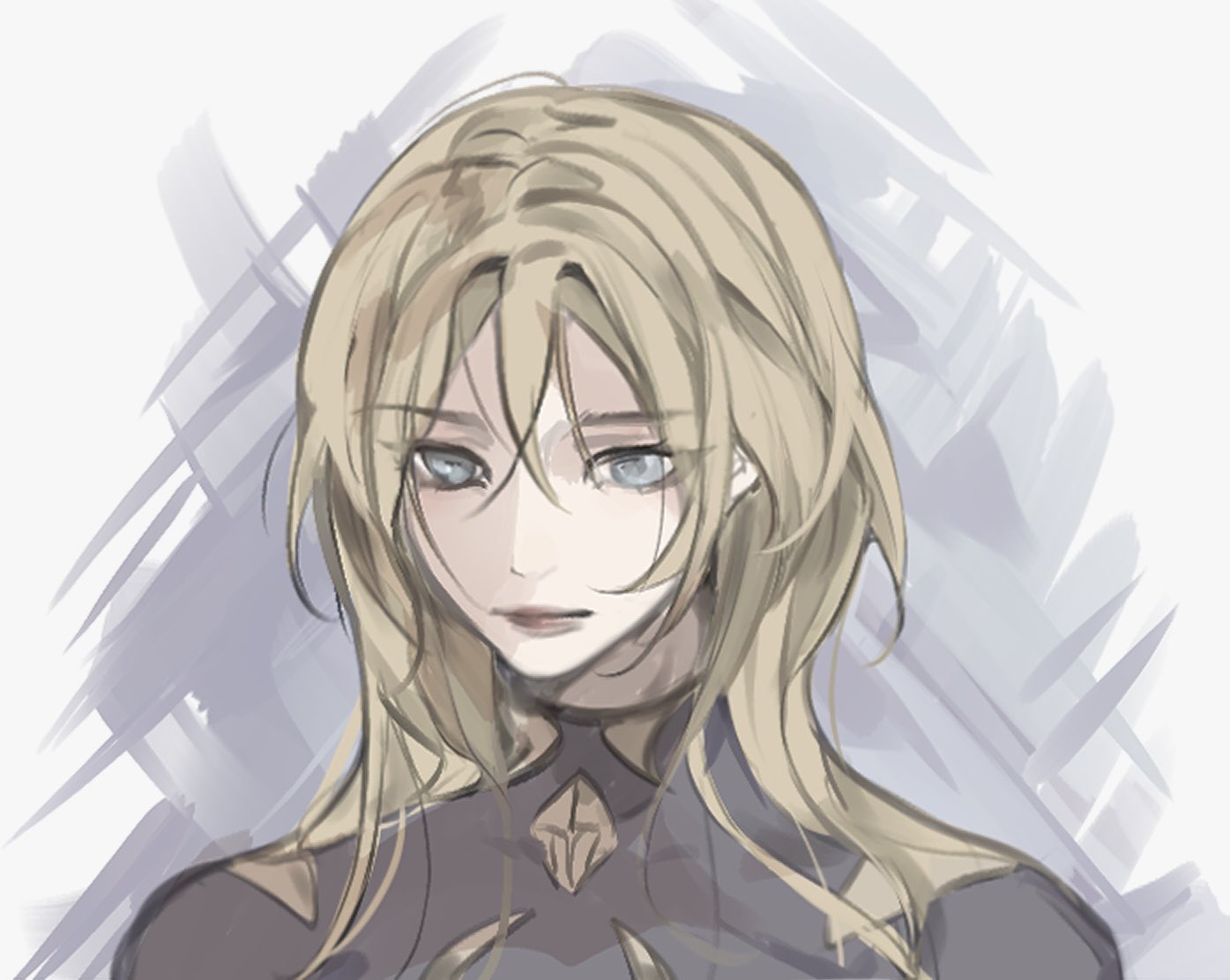 a portrait of a young anime girl with long blonde hair and blue eyes. she is wearing a dark outfit with a collar. she has a serious expression on her face and is looking directly at the camera. the art style is a mix of digital painting and illustration. the background is blurred and has a watercolor feel.