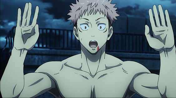 a shirtless and muscular male anime character with short orange hair is depicted in a state of shock or fear. his eyes are wide, his mouth is open, and his hands are raised in a defensive posture. there's a small streak of blood visible near the corner of his mouth, suggesting recent injury or struggle. the background is a dark and stormy night scene on a bridge with visible railings. the overall palette is muted and cooltoned, adding to the somber and suspenseful atmosphere.