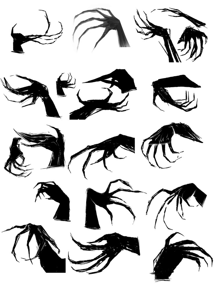 the image is a collection of drawings depicting various clawed hands in black silhouette against a white background. the hands have long, sharp fingers or claws and are stylized with a dark, eerie aesthetic. the overall impression is spooky or monstrous, evoking a sense of horror.