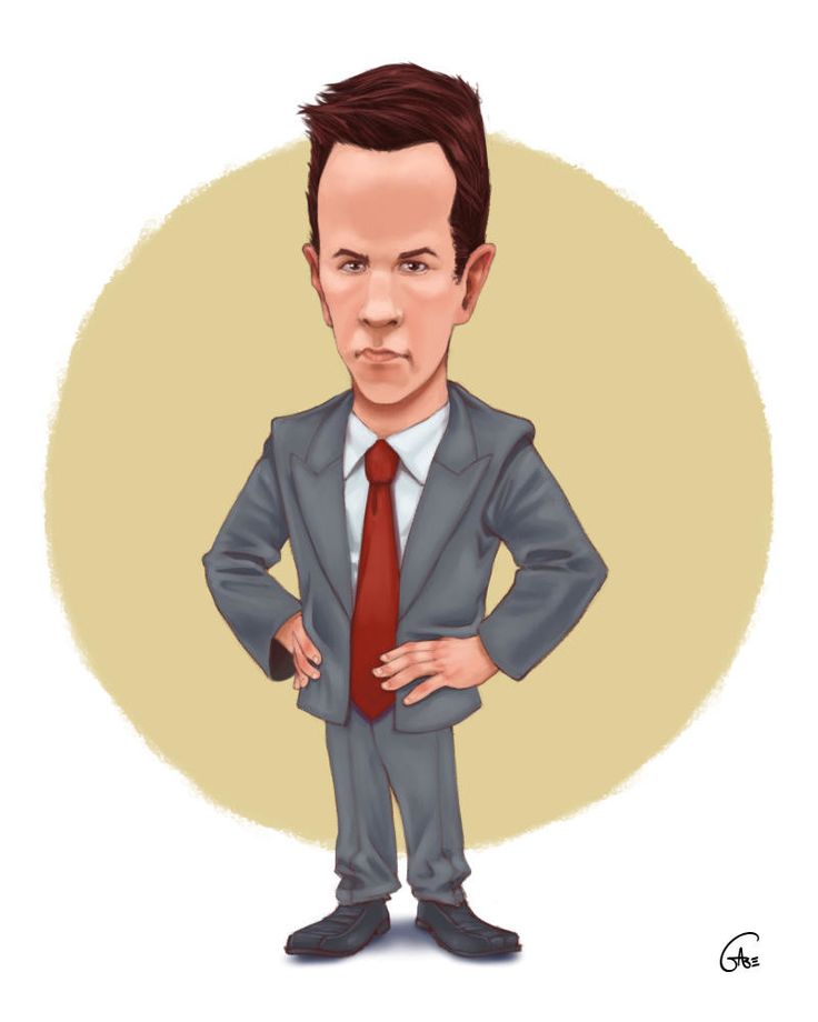 the image is a caricature of a man wearing a gray suit with a red tie. he has a serious expression and his hands are on his hips. the background is a light brown circle. the drawing is done in a cartoon style.