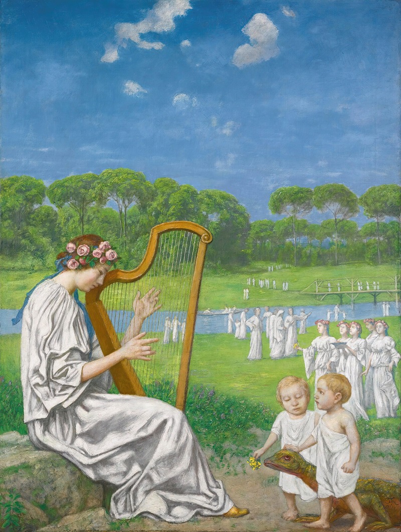 the painting depicts a serene, dreamlike landscape with a woman playing a harp in the foreground. she is seated on a rock, wearing a long white gown and a flower headdress. two young children stand nearby, accompanied by a large lizard. in the background, a procession of figures in white robes walks along a river towards a bridge. the scene is idyllic, with lush greenery, a clear blue sky, and a sense of fantasy.