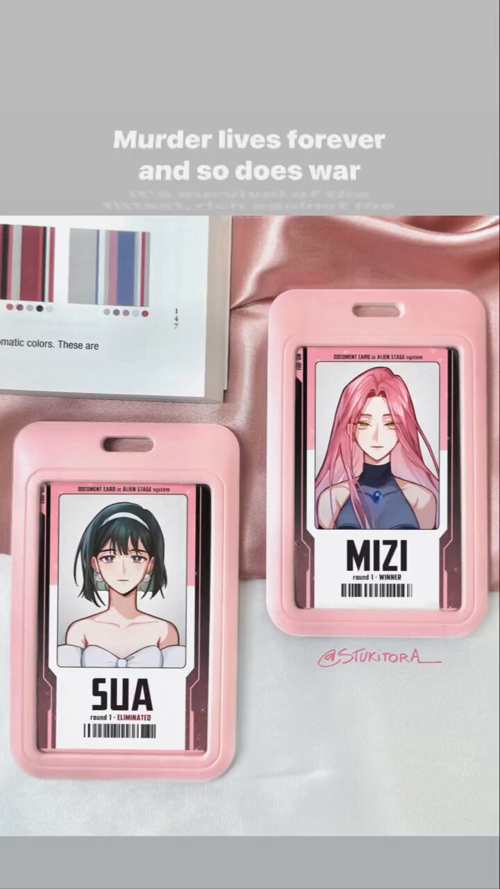 two pink cards with black borders and white backgrounds, one with an anime girl named sua, and one with an anime girl named mizi, both with text that says "murder lives forever and so does war."