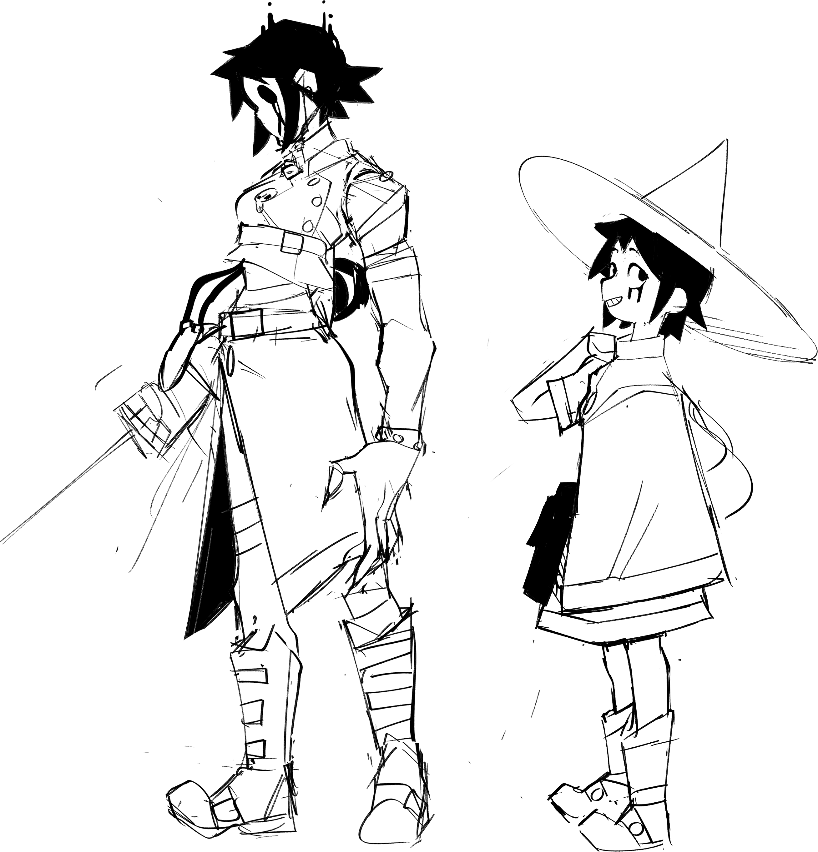 a black and white sketch of two anime characters. the character on the left is a woman in a long skirt and boots. the character on the right is a girl in a witch's hat, a dress, and boots. the sketch is in a rough style and appears to be in progress.
