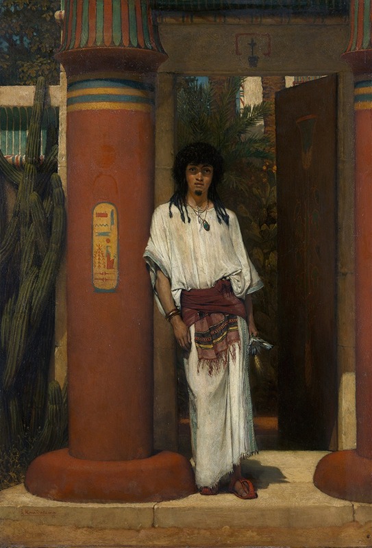a painting shows a man standing in a doorway. he has dark hair with dreadlocks and is wearing traditional egyptian clothing, including a white robe, a red sash, and sandals. he is wearing jewelry around his neck. he is standing between two large columns with egyptian hieroglyphs on them. in the background is a doorway and desert plants.