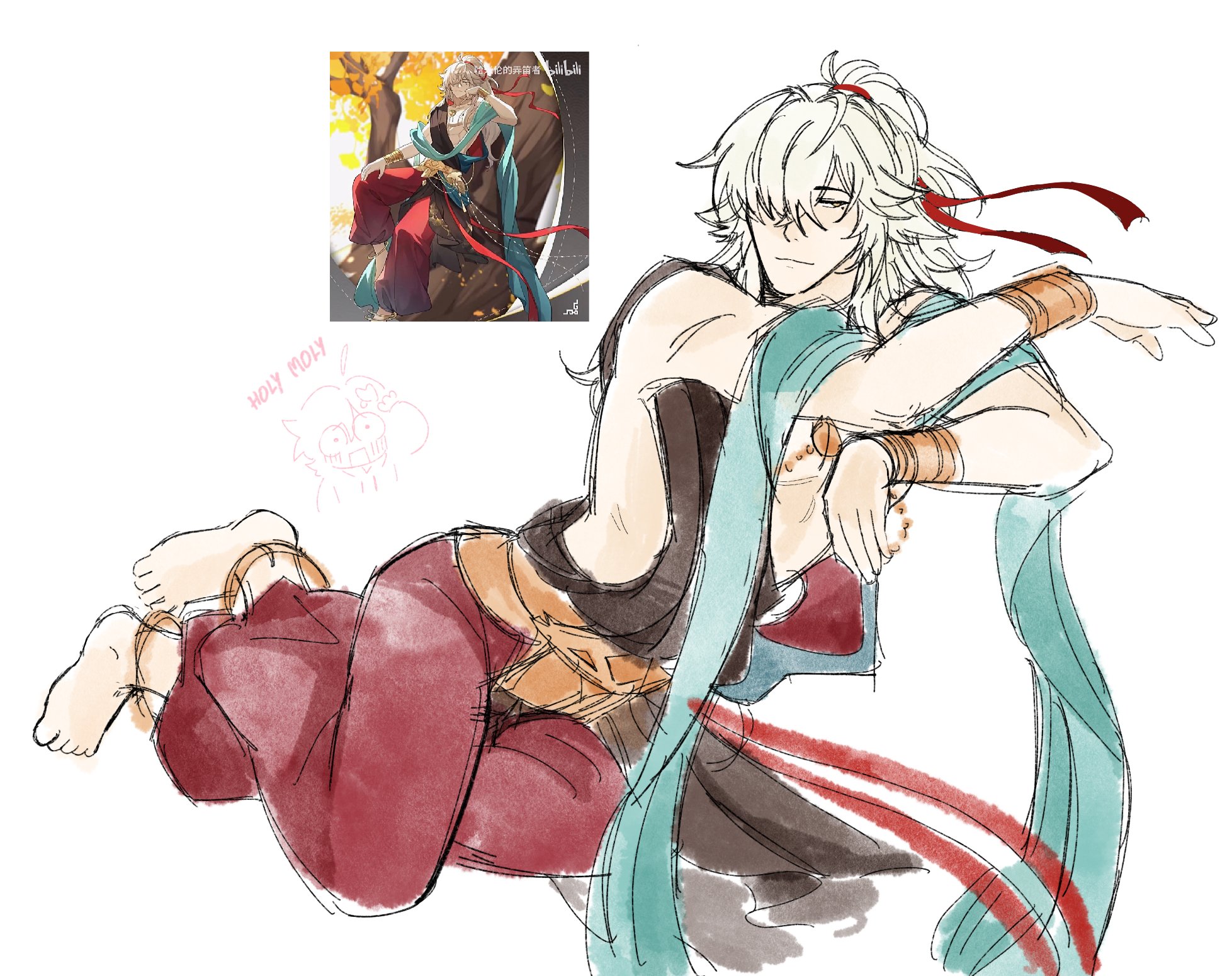 this is a digital drawing of an anime male character. he has long white hair and is wearing a blue scarf and red pants. he is holding his arms up in a pose as if he is dancing. the drawing is in a sketch style with light watercolor shading. there is another smaller drawing in the top left corner of a male anime character. it is also in a sketch style, with a red "holy moly" written next to it.