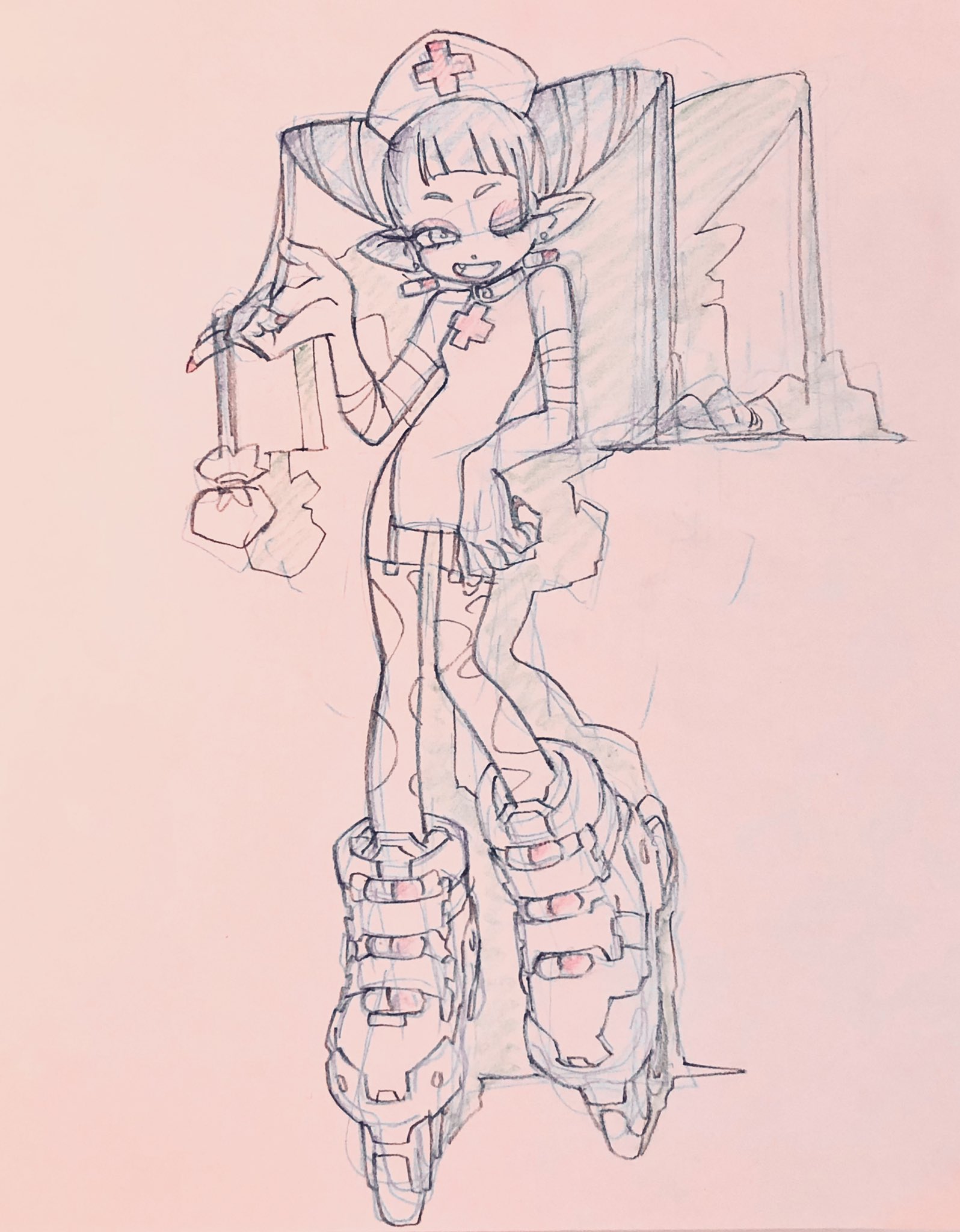 a black and white pencil sketch of an elf girl dressed as a goth nurse, wearing rollerblades and holding a heart. the background is a simple, undefined outdoor setting.