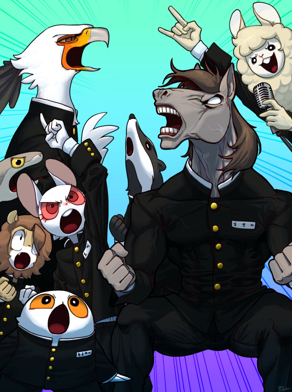 a digital illustration of eight anthropomorphic animals, all dressed in black school uniforms,  wearing black and white shoes, and all except one are expressing emotions. the main subject of the illustration, a grey horse, is at the center of the image and is wearing a uniform jacket that has a small black name tag on the right breast, has dark brown hair, and is yelling with his mouth wide open and all his teeth showing, with a look of anger in his eyes. to the left of him are a white rabbit with red eyes, a brown animal, and a white bird with a yellow beak and a black head, and to the right of him are a white sheep with a large black nose, a black and white badger, and a small white ball with black eyes. the background of the image is a comic book style, with the colors and layout giving a sense of dynamic energy. the background is a turquoisecolored background with rays emanating from the center, and the characters are standing on a purple background with stripes that look like lightning.