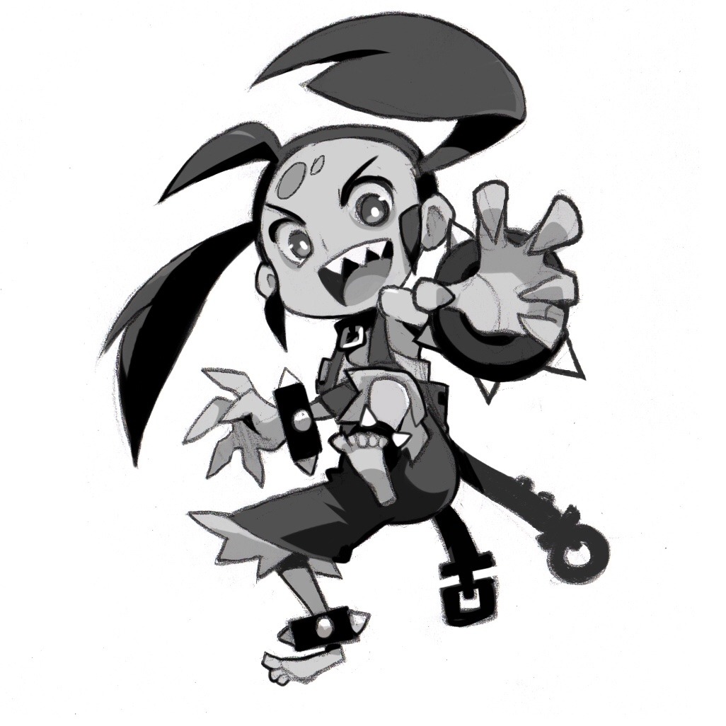 he image is a black and white illustration of a cartoon monster girl. she is young and has a mischievous expression with sharp teeth and claws. she has her hand outstretched towards the viewer and appears to be in midmotion, suggesting a playful and energetic personality.  she wears simple clothing with spiked accessories.