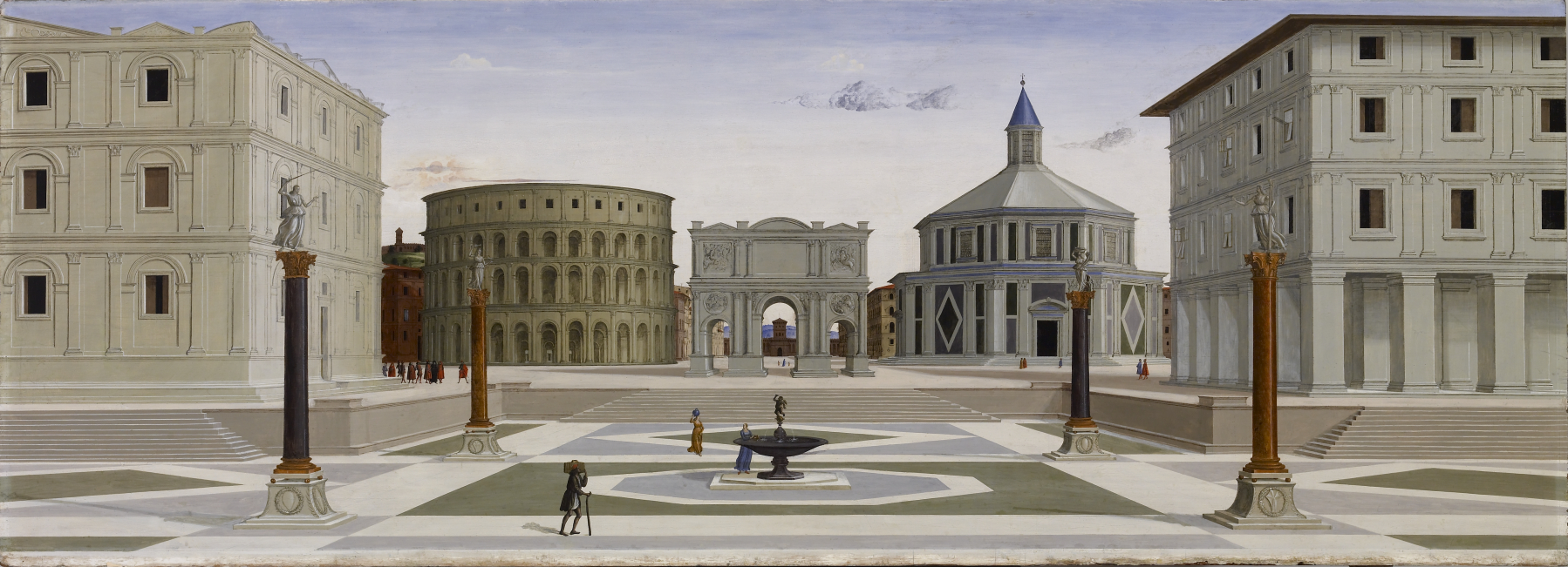 the image is a painting of a grand, open piazza surrounded by various architectural structures. on the left is a multistory building, classical in style, with a statue atop a column in front of it. next to this is a building reminiscent of the roman colosseum, followed by a triumphal arch. to the right of the arch is a domed building with a bluepointed roof, again with a statue and column in front. the building on the far right mirrors the one on the left. in the center of the square is a fountain with figures around it. the ground is paved with a geometric pattern. in the background, there is a clear sky with some distant mountains. the style suggests a renaissance cityscape, possibly italian.