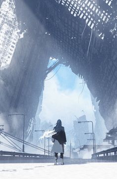 the image depicts a lone figure standing amidst a snowy and destroyed cityscape. immense, crumbling structures dwarf the figure, who is dwarfed by the scale of the destruction. sunlight filters through the ruins, casting long shadows and creating a sense of both desolation and hope. the use of cool colors emphasizes the cold and desolate atmosphere.