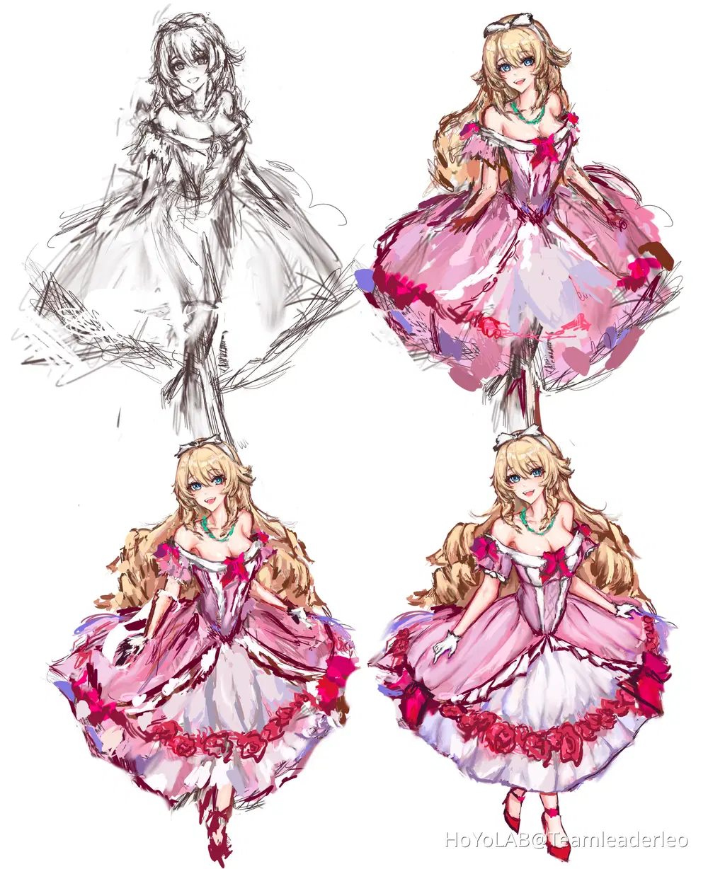 this is a digital illustration of a beautiful anime girl in a pink and white dress with blonde hair and blue eyes. she is wearing a small crown on her head and is holding a flower in her hand. she is posed with one leg raised, and her dress is flowing around her. the illustration is in a digital art style, with soft colors and shading.