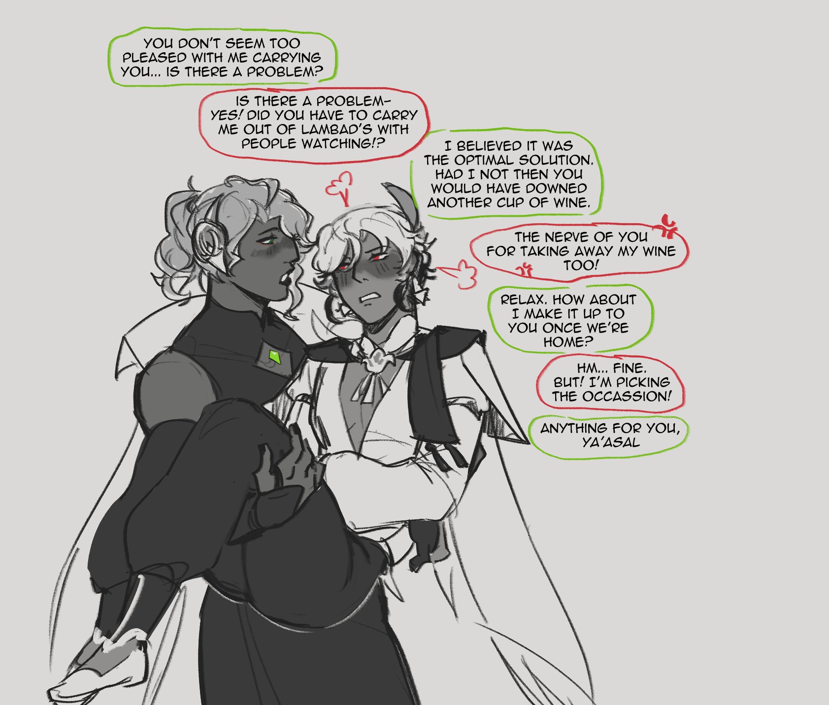 the image is a comic panel showing two male characters, one in a white shirt with a black coat, carrying the other one. the character being carried is wearing a black coat and a white shirt with a green button. the two are talking to each other in speech bubbles, which are highlighted in red and green. the character being carried is blushing.