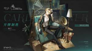 a full shot of a man in formal wear sitting in a turquoise chair next to a lamp. the man is wearing black pants and brown shoes, suspenders, a coat, gloves, and a white button down shirt. the chair is on top of some cardboard boxes, and the lamp is gold. there is text in the image as well as some artwork in the background.