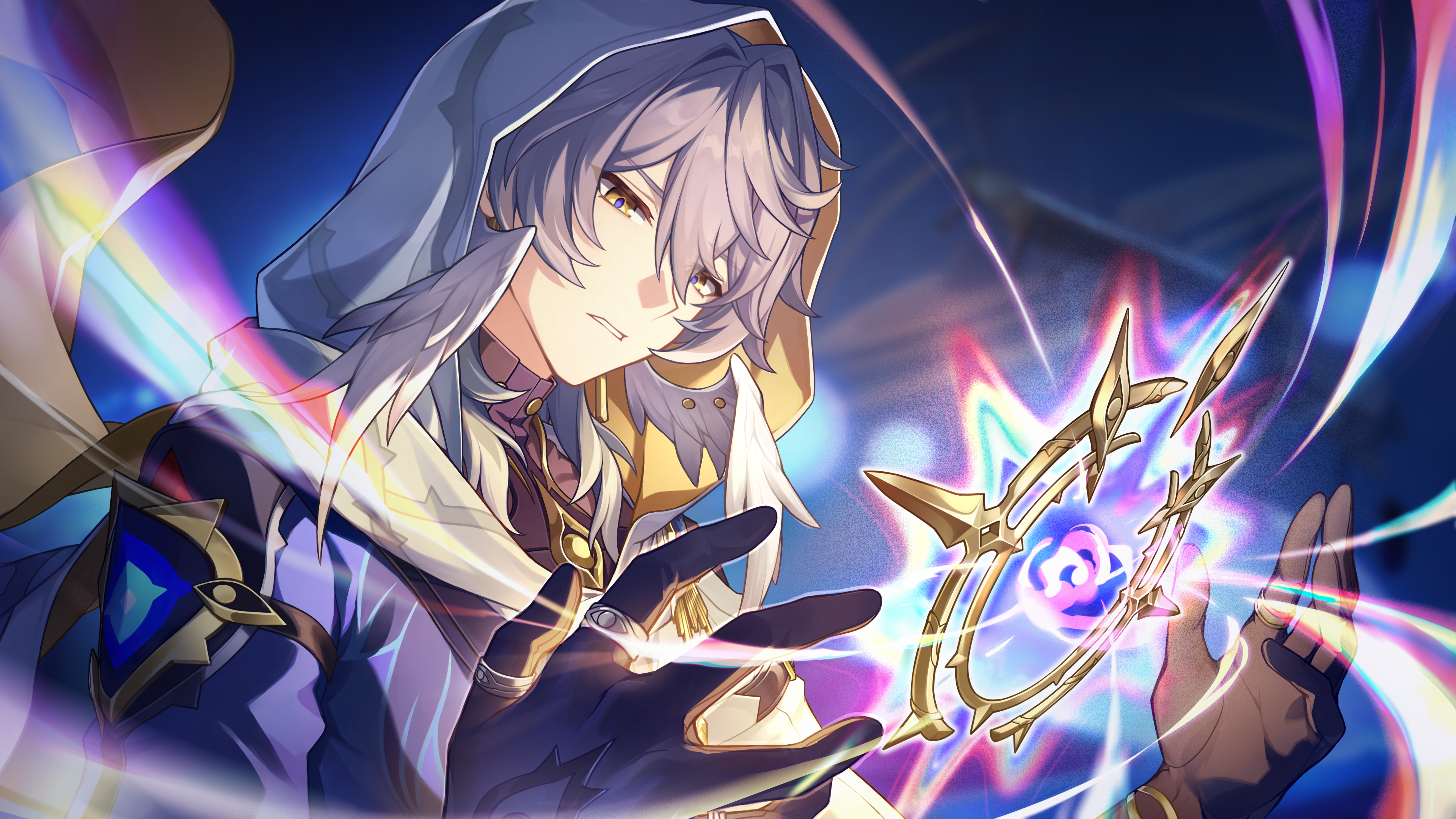 a closeup digital art image of the anime boy welt yang from the video game honkai star rail. he is wearing a hooded robe and has light gray hair and yellow eyes. his hands are outstretched, and between them is a circular gold magical circle with a light purple center. colorful light lines spread out from behind the circle.