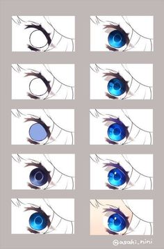 the image illustrates a stepbystep tutorial on how to draw an animestyle eye in eight progressive steps. each square showcases a new phase in the drawing process, beginning with a simple outline and culminating in a detailed, vibrant blue eye.